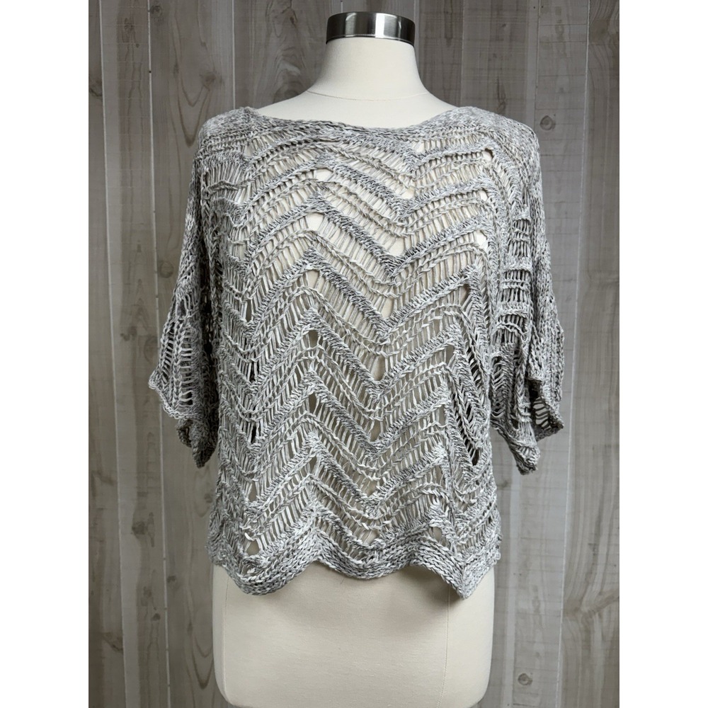 Eileen Fisher Taupe Grey Italian Yarn Open Knit Wonder Scallop Sweater Small